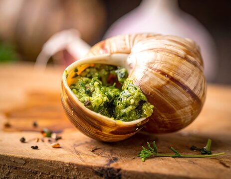 A snail shell filled with green escargot butter on wooden board