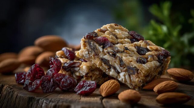Macro-style shot of a nutritious nut and seed energy bar, rough textured surface clearly visible, dried fruits and almonds spread on rustic wood, shallow focus, high-detail commerc