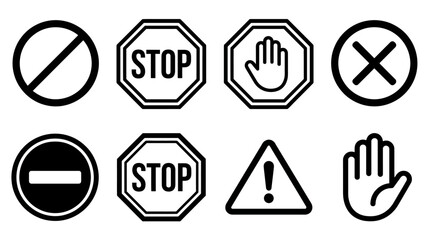 Prohibition and warning icons set, stop signs, caution triangle, hand symbols, no entry, safety signage, universal restriction, hazard alerts.