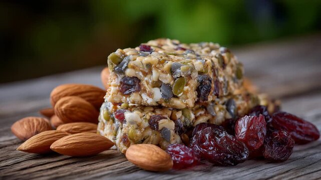 Nutritious energy bar packed with nuts and seeds resting on a rustic wooden surface, dried fruits and whole almonds scattered naturally around, soft natural window light, shallow d