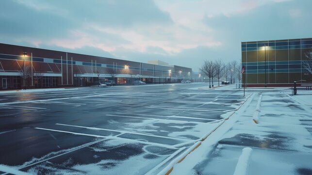 Empty snowy parking lot outside shopping mall at winter dusk