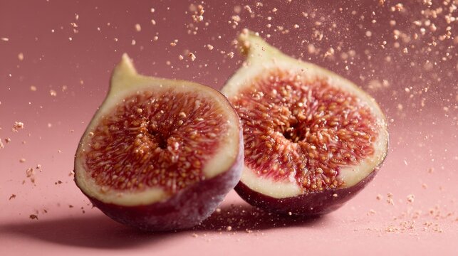 Fresh fig halves exploding with fruit powder on pink background
