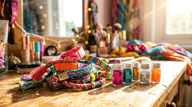 Pile of colorful woven festival wristbands and small jars of glitter on a wooden dressing table. Summer music festival preparation