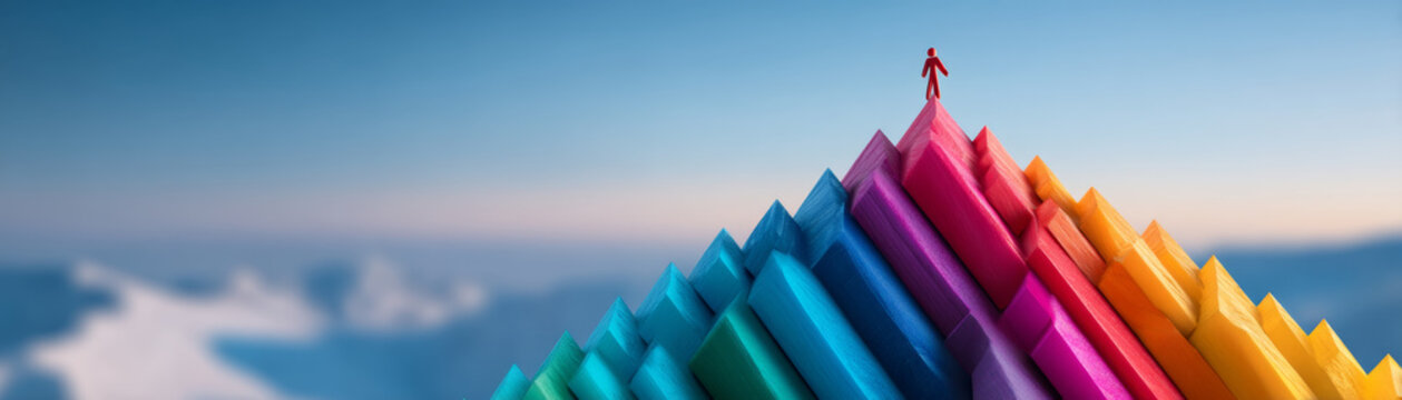 A Colorful Wooden Mountain Landscape with a Figure Placing a Red Person at the Peak, Capturing the Essence of Achievement and Creativity in Nature
