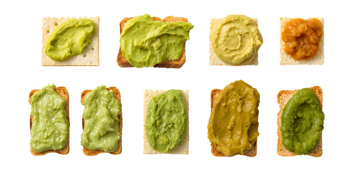 Culinary Canvases An overhead arrangement of appetizing open-faced sandwiches with an artful medley of colorful spreads.