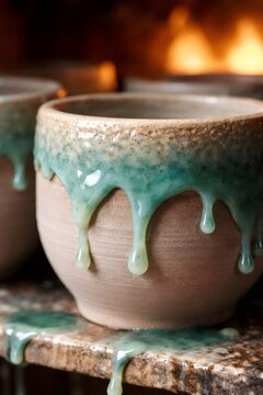 Handcrafted ceramic piece features textured bisque contrasting with a vibrant turquoise glaze artfully dripping down its side onto the shelf, preparing for the kiln process