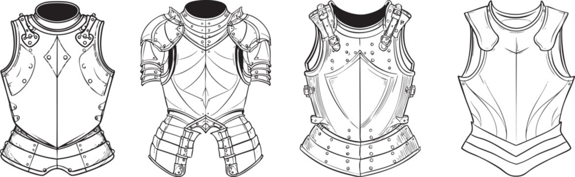 medieval knight breastplate armor black outline illustrations