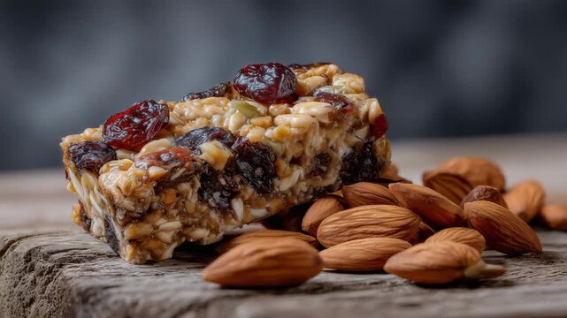 Wholesome energy bar with visible nuts, seeds, and dried fruit inclusions, resting on textured wooden surface, almonds scattered for visual balance, neutral background, clean food