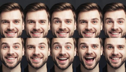 Obraz premium Authentic portrayal of a young man's happiness through a series of genuine smiles and laughter, showcasing diverse joyful facial expressions and positive emotions