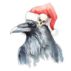 Fototapeta premium Gothic Christmas Raven In Santa Hat Watercolor Illustration Symbolizing Dark Winter Holiday And Mysterious Mood