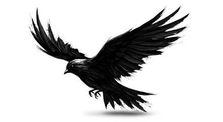 Obraz premium A stylized black bird, wings spread in flight, isolated on a white background
