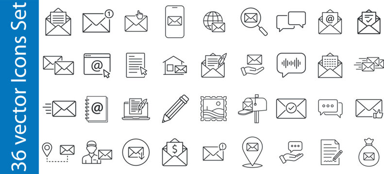 Mail communication line icons set. Collection of email service line icons, containing inbox, message, newsletter, correspondence, delivery, notification, postal mail and more.