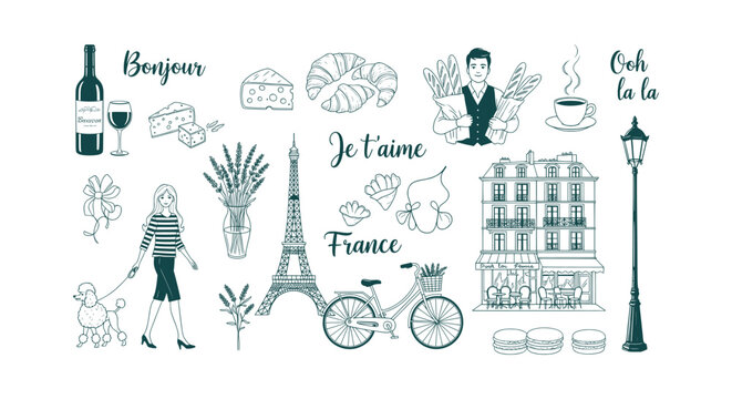 Collection of hand drawn French symbols like Eiffel Tower, croissants, baguettes, wine and cheese