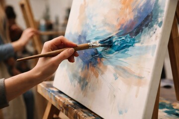 Fototapeta premium Artist's hand holding a paintbrush, applying vibrant blue and orange acrylic paint to an abstract creation on a canvas, showcasing creativity and artistic expression in a studio environment