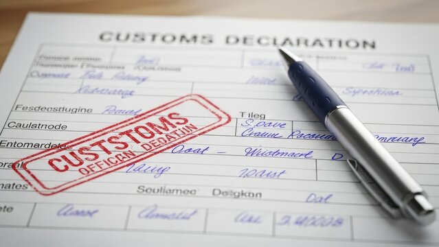 Close-up of a filled customs declaration form with a pen and a red stamp on a wooden surface