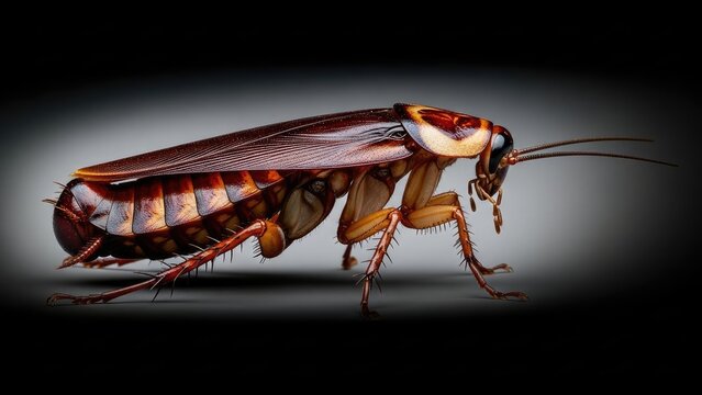 Close-up profile of a cockroach on a dark background, highlighting its anatomy