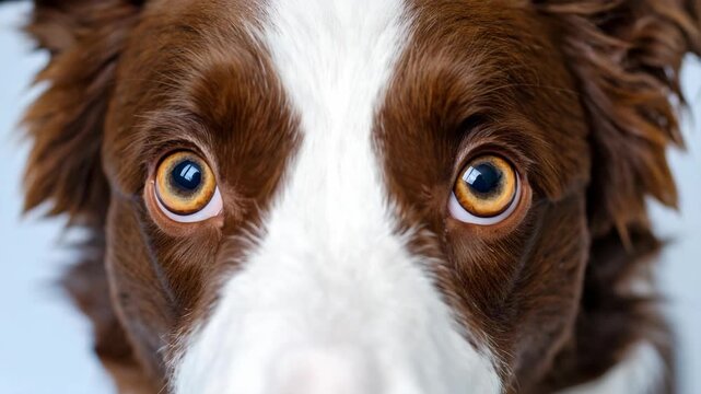 Close up of a brown and white border collie dog with intense amber eyes staring directly at the camera