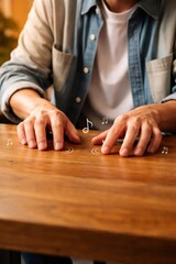 Obraz premium Hands tapping a wooden tabletop, fingers creating a playful beat with floating musical notes, conveying relaxed creativity, rhythm, and a moment of leisure and inspiration
