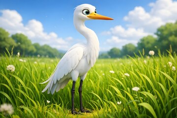 Fototapeta premium A hyper-realistic 3D animation of a graceful white crane standing in a field of tall golden wheat during sunset. The sun is flare-backlit, creating a soft glow around the bird’s white plumage. 