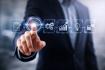 Finger pressing strategy icon with business process and finance icons
