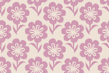 Fototapeta premium Seamless Floral Ikat Pattern.Pink and Cream Hand-Drawn Botanical Motif.Boho Chic Pink Flower Print.Ethnic Woven Fabric Background.Rustic Ikat Daisy Textile Design.Scandi-Folk Floral Wallpaper.