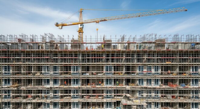 A bustling construction site with a towering crane and scaffolding, surrounded by a variety of materials and tools, under a clear blue sky.