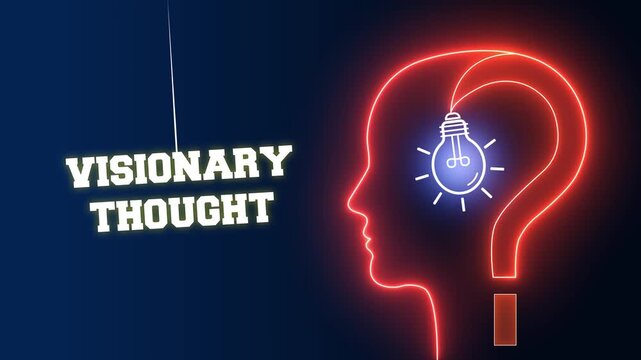 Visionary thought text sign on a red neon background with a glowing human head profile and light bulb for futuristic planning and creative foresight