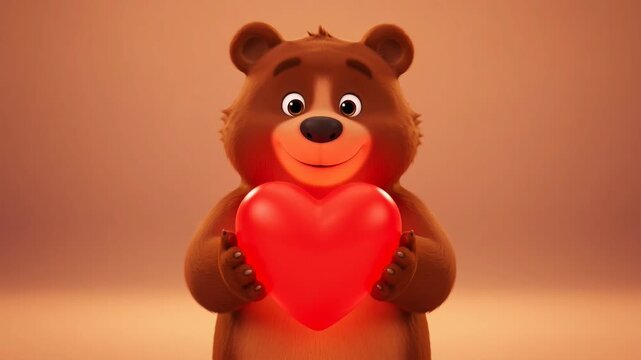 Adorable cartoon bear holding a red heart shape object offering love and affection for valentines day and romance in a cgi animated style
