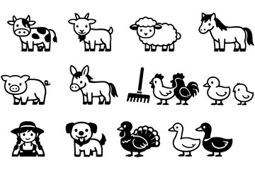Fototapeta premium farm animals collection, Agriculture Animal Line Icon Set – Cow, Sheep, Pig, Chicken Simple Outline Symbols