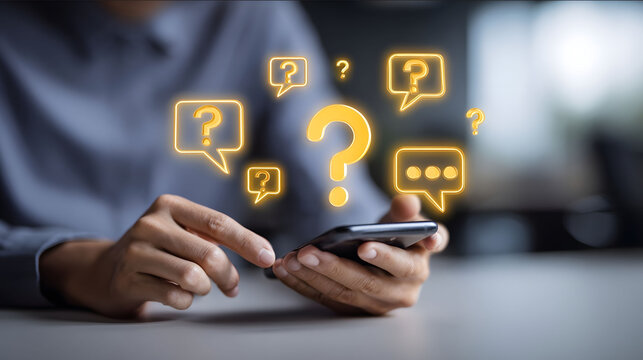 Online QA concept with a person using a smartphone floating question and answer icons customer support and communication theme modern digital technology clean offic