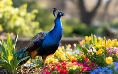 Obraz premium Vibrant Peacock Standing Proudly in a Colorful Botanical Garden Setting