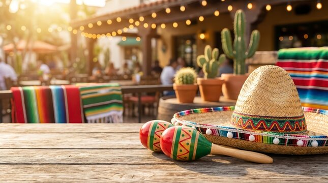 Colorful wooden maracas and sombrero on a rustic table. Festive Mexican fiesta background with cactus and string lights on an outdoor patio