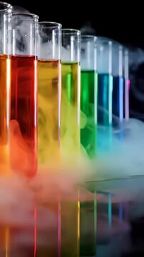 Colorful liquids in glass test tubes create vibrant atmosphere. Unique chemistry experiments reveal scientific beauty. Vertical setup showcases creative lab innovations and artistic displays.