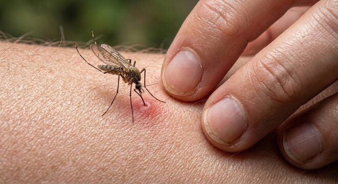 Close up of mosquito biting human skin with red irritation. Insect bite and mosquito problem concept