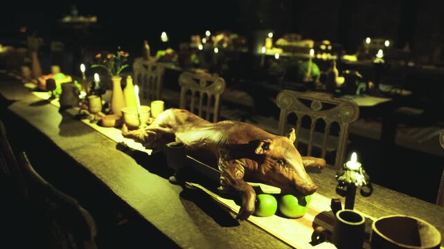 Roast boar centerpiece on long candlelit banqueting table, carved presentation with lemons and greens, ornate chairs lining illuminated hall, opulent medieval