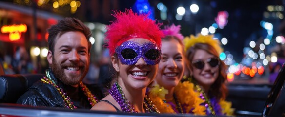 Obraz premium group cheers with joy at a lively mardi gras parade from a festive convertible car
