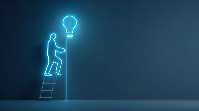 A minimalist conceptual image of a glowing neon outline figure climbing a ladder toward a bright light bulb icon The light bulb represents ideas innovation and insp