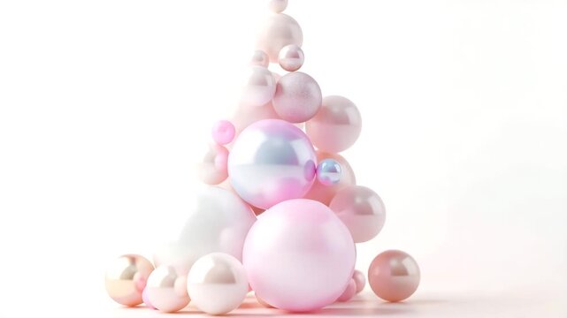 Shiny balls of different sizes and colors stack together forming a Christmas tree shape. The setup has soft colors that create a light and cheerful mood during the holiday season