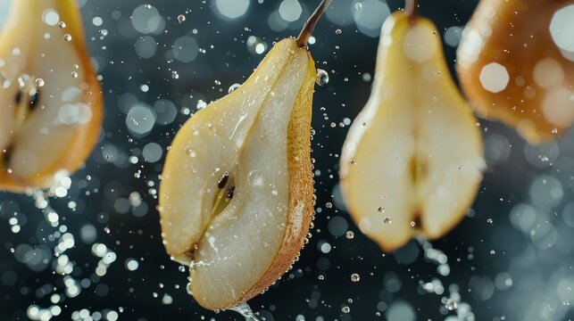 Juicy pear slices floating with splash refreshing orchard fruit concept