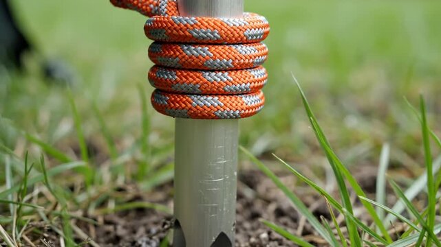 Orange and grey rope tied around silver pole in green grass