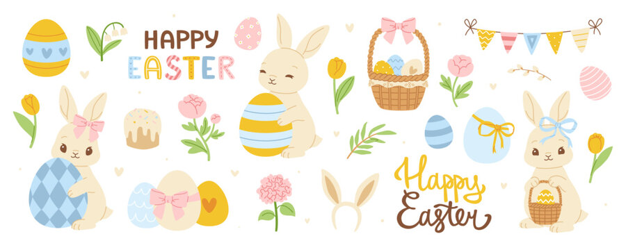 Cute easter set with bunnies and decor. Vintage easter collection with adorable rabbits.