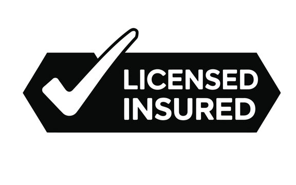 Black and white graphic displaying a checkmark over a licensed insured label