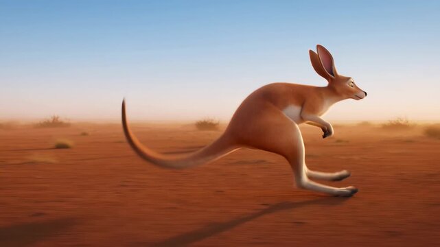 Cartoon kangaroo running across the australian outback in animated style with a desert landscape under a blue sky