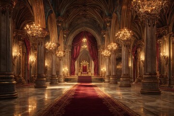 Obraz premium Majestic royal hall: grand throne, crimson carpet, and exquisite architectural detail