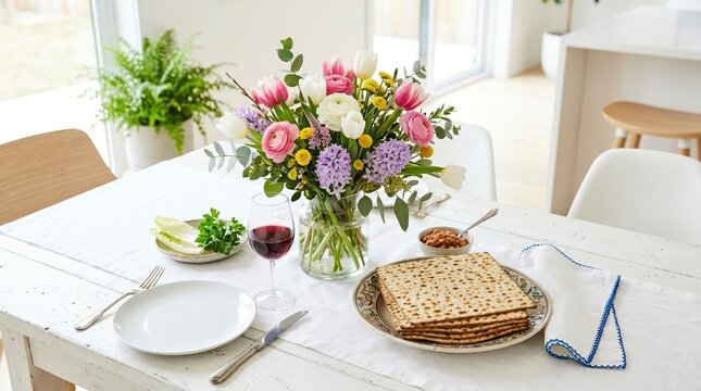Passover table setting with matzah and a spring flower centerpiece. Jewish holiday meal preparation with red wine and traditional foods in a bright dining room