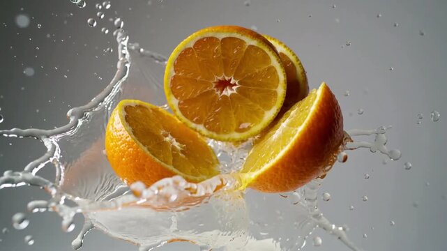 Orange fruit exploding with water splash against light background citrus splashing
