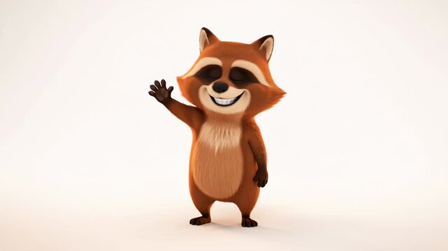 Smiling cartoon raccoon standing and waving with a friendly gesture on a clean white background animated animal