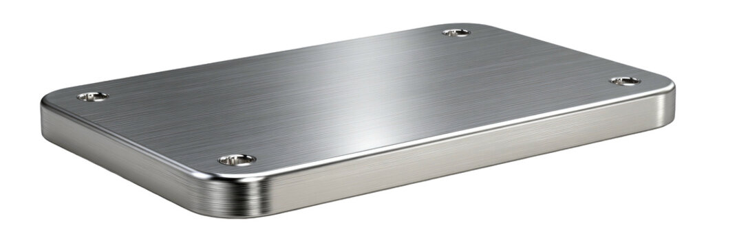 A metallic rectangular object featuring four screw holes, with a slightly rounded edge and a brushed finish