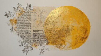 Abstract mixed media artwork featuring a golden sun or moon motif layered over vintage text and botanical illustrations, creating a contemporary collage with symbolic elements