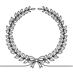 Black and White Line Drawing of a Laurel Wreath With a Bow